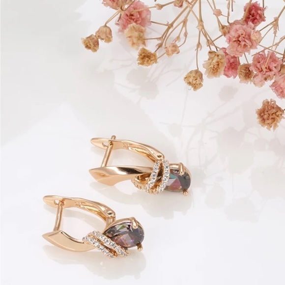 Rose Gold Plated Drop Colourful Stone Earrings - Picture 4 of 6